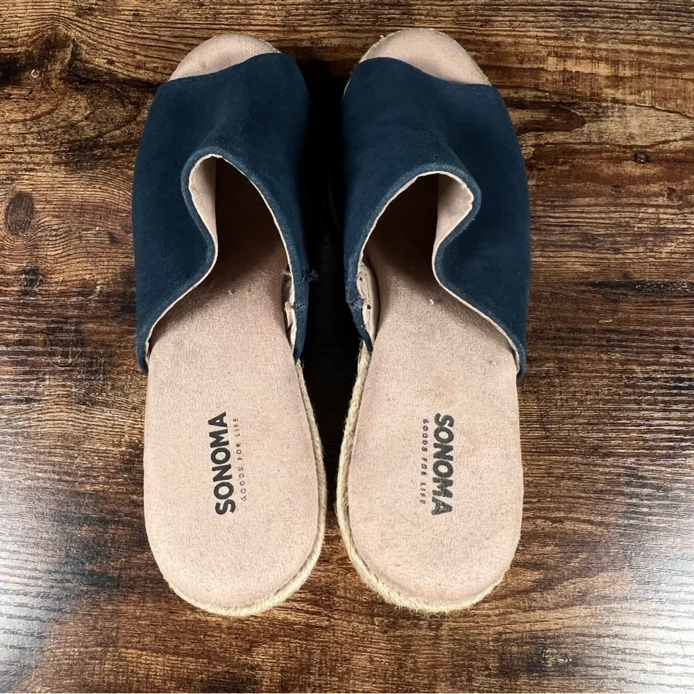 Sonoma Espadrille Wedge Leather Slide Sandals Blue Peep Toe Casual Women's 7.5
